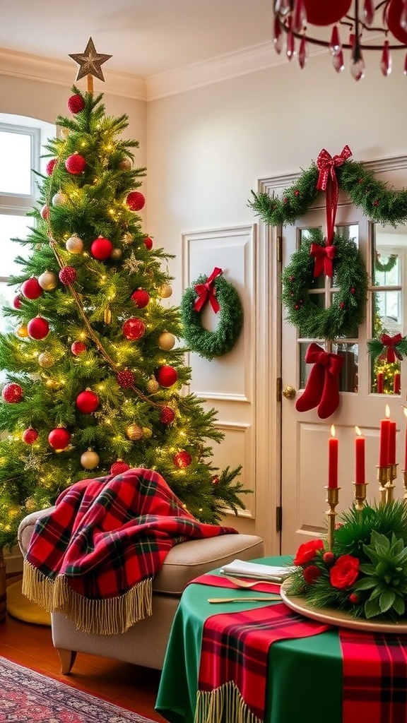 A festive living room decorated for Christmas with a green tree, red ornaments, and holiday decor.